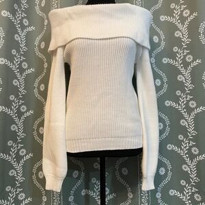NEW Sincerely Jules Foldover‎ Off Shoulder Knit Sweater White Large Minimal Chic